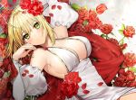  adapted_costume ahoge armpits bad_id bad_pixiv_id bangs blonde_hair braid breasts commentary_request crown_braid detached_sleeves dress fate/extra fate/extra_ccc fate_(series) flower gambe green_eyes large_breasts looking_at_viewer lying nero_claudius_(bride)_(fate) nero_claudius_(fate)_(all) on_back puffy_sleeves red_flower red_rose red_shawl rose shawl smile solo sparkle white_dress white_sleeves 