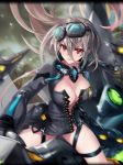  ahoge artist_request breasts cleavage goggles goggles_on_head hair_between_eyes impossible_clothes laevateinn_(phantom_of_the_kill) large_breasts long_hair official_art phantom_of_the_kill red_eyes silver_hair thighs wind 