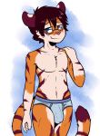  2017 blue_eyes briefs bulge clothed clothing crackers feline looking_at_viewer male mammal smile solo tiger topless underwear 
