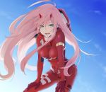  :d bent_over blue_sky bodysuit breasts breasts_apart covered_navel darling_in_the_franxx day floating_hair from_below green_eyes hair_between_eyes hands_on_lap highres horns long_hair looking_at_viewer medium_breasts mochi_mocchi open_mouth outdoors pilot_suit pink_hair red_bodysuit sky smile solo very_long_hair zero_two_(darling_in_the_franxx) 