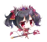  bangs bare_shoulders big_head black_hair blush bow chibi closed_mouth curled_horns demon_girl demon_horns demon_tail demon_wings elbow_gloves eyebrows_visible_through_hair fishnet_legwear fishnets floral_print flower full_body gloves grey_wings hair_between_eyes hair_bow hair_flower hair_ornament hand_up horns looking_at_viewer love_live! love_live!_school_idol_project midriff navel pink_flower pink_gloves pink_rose pleated_skirt polearm polka_dot polka_dot_bow print_skirt purple_flower purple_rose red_bow red_eyes red_flower red_rose red_skirt rose rose_print ryuuka_sane sidelocks simple_background skirt smile solo striped tail thighhighs tiara trident twintails vertical-striped_gloves vertical_stripes weapon white_background wings yazawa_nico 