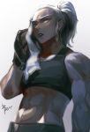  abs bare_arms biceps black_lipstick commentary_request dark_skin eyebrows fingerless_gloves gloves gyeoggi_3_ban lipstick makeup maria_dacascos midriff mixed_martial_arts mma_gloves muscle muscular_female nocpen ponytail shoulders signature silver_hair solo sports_bra towel yellow_eyes 