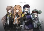  4girls absurdres arm_across_waist armband bangs belt beret black_gloves black_jacket black_legwear blunt_bangs blush breasts brown_eyes brown_hair buckle expressionless eyebrows_visible_through_hair facial_mark fingerless_gloves g11_(girls_frontline) girls_frontline gloves green_eyes hair_between_eyes hair_ornament hairclip half-closed_eyes hand_on_hip hat highres hk416_(girls_frontline) hood hood_down hooded_jacket huge_filesize jacket long_hair long_sleeves looking_at_viewer medium_breasts midriff_peek multiple_girls navel off_shoulder one_side_up open_clothes open_jacket pantyhose plaid plaid_skirt pleated_skirt scar scar_across_eye scarf scarf_on_head shirt shorts shoulder_cutout silver_hair skirt smile taru_kira teardrop thighhighs twintails ump45_(girls_frontline) ump9_(girls_frontline) very_long_hair yellow_eyes 