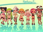  aori_(splatoon) arms_behind_back bellhenge bikini bikini_skirt bikini_under_clothes cephalopod_eyes commentary copyright_name crown dark_skin everyone fangs front-tie_bikini front-tie_top hime_(splatoon) hotaru_(splatoon) iida_(splatoon) inkling looking_at_viewer multiple_girls navel octoling open_mouth orange_eyes purple_eyes sandals sarong shoes short_shorts shorts side-by-side smile sneakers splatoon_(series) splatoon_1 splatoon_2 splatoon_2:_octo_expansion sports_bikini standing stomach swimsuit tan thigh_gap yellow_eyes 
