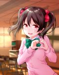  black_hair blush bow bowtie classroom green_neckwear hair_ribbon hirako indoors looking_at_viewer love_live! love_live!_school_idol_project open_mouth red_eyes red_ribbon ribbon short_hair solo striped striped_neckwear twintails yazawa_nico 