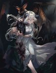  ashukapeka bat bat_wings blush closed_mouth commentary dress facing_viewer goat green_eyes hair_between_eyes highres holding long_hair looking_at_viewer night nightgown original silver_hair white_dress wings 