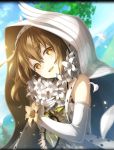  alternate_costume artist_request brown_hair cloak dress elbow_gloves eyebrows_visible_through_hair flower gloves hair_between_eyes hair_ornament hairband hood hood_up longinus_(phantom_of_the_kill) official_art open_mouth petals phantom_of_the_kill short_hair white_cloak white_dress white_flower yellow_eyes 