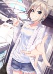  brown_eyes casual coat denim denim_shorts earrings foreshortening fox_shadow_puppet grin ground_vehicle idolmaster idolmaster_cinderella_girls jewelry mistrail outstretched_arm shinkansen shiomi_shuuko short_hair shorts silver_hair smile solo train 