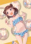  bangs bare_shoulders bikini blue_bikini blush breasts brown_hair cleavage double_bun drooling female_pervert frilled_bikini frills groping_motion hair_ornament highres idolmaster idolmaster_cinderella_girls large_breasts medium_breasts midriff munakata_atsumi navel open_mouth pervert plaid plaid_bikini polka_dot polka_dot_bikini saliva signature sparkling_eyes swimsuit unmoving_pattern white_bikini yanagita_kousuke 