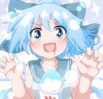  1girl :d ahoge blue_bow blue_eyes blue_hair blush bow cirno claw_pose collarbone do_(4-rt) drooling eyebrows_visible_through_hair eyes_visible_through_hair fang hair_bow happy heart heart_in_mouth looking_at_viewer open_mouth sailor_collar shaved_ice short_hair sleeveless smile solo sparkle touhou upper_body v-shaped_eyebrows 
