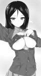  areola_slip areolae blush bra bra_pull breasts breasts_outside debutya_aki girls_und_panzer greyscale highres large_breasts looking_at_viewer monochrome nipples nonna simple_background smile solo underwear 