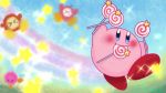  bronto_burt candy closed_eyes commentary_request crayon_(medium) food food_in_mouth holding holding_food invincible_candy kirby kirby_(series) kurono969 no_humans signature smile sparkle star traditional_media waddle_dee waddle_doo 