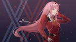  aqua_eyes character_name copyright_name darling_in_the_franxx floating_hair hair_between_eyes hairband hand_in_hair hand_on_hip highres horns long_hair looking_at_viewer necktie petals pink_hair scal2let shiny shiny_hair short_necktie solo standing uniform upper_body very_long_hair white_hairband yellow_neckwear zero_two_(darling_in_the_franxx) 