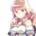  aisutabetao armor bare_shoulders breastplate celica_(fire_emblem) closed_mouth commentary_request earrings fire_emblem fire_emblem_echoes:_mou_hitori_no_eiyuuou hair_ornament hairband jewelry long_hair red_eyes red_hair simple_background solo white_background 