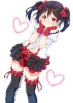  artist_name bangs black_bow black_hair black_legwear black_skirt blush bokura_wa_ima_no_naka_de bow breasts center_frills fingerless_gloves frilled_shirt_collar frilled_sleeves frills gloves hair_bow hands_on_own_cheeks hands_on_own_face hands_up heart looking_at_viewer love_live! love_live!_school_idol_project multicolored multicolored_clothes multicolored_skirt navel red_bow red_eyes red_gloves red_skirt shirt short_sleeves simple_background skirt skull573 smile solo suspender_skirt suspenders twintails white_background white_shirt yazawa_nico 