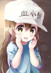  :d bangs blue_shirt blush brown_eyes brown_hair character_name clothes_writing commentary_request dated eyebrows_visible_through_hair fingernails flat_cap grey_hat hair_between_eyes hands_up hat hataraku_saibou highres long_hair looking_at_viewer neki_(wakiko) open_mouth platelet_(hataraku_saibou) round_teeth shirt short_sleeves smile solo teeth twitter_username upper_teeth very_long_hair 