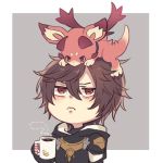  annoyed brown_eyes brown_hair coffee commentary_request cup dragon fingerless_gloves gloves granblue_fantasy hood hoodie peki_gbf red_eyes sandalphon_(granblue_fantasy) steam vee_(granblue_fantasy) wavy_mouth wings 