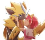 1girl amethyst_(indrelkei) animal_ears arms_up blue_eyes blush capelet child claws eyebrows_visible_through_hair eyes_closed furry gen_7_pokemon hands_on_another&#039;s_face hands_up happy largo_(pokemon) open_mouth paws pink_hair pokemon pokemon_(anime) pokemon_m21 shiny shiny_hair short_hair simple_background smile tail upper_body whiskers white_background white_capelet zeraora 