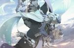  1girl armor bare_shoulders black_hair brynhildr_(fate) cape closed_eyes closed_mouth eyebrows_visible_through_hair fate/grand_order fate/prototype fate/prototype:_fragments_of_blue_and_silver fate_(series) floating gauntlets glasses gloves grey_hair hair_ornament headpiece long_hair loyalists multicolored_hair outdoors parted_lips sigurd_(fate/grand_order) silver_hair sky two-tone_hair very_long_hair white_hair 