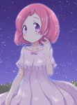  blush bow child collarbone commentary_request dress flat_chest hand_up highres largo_(pokemon) looking_at_viewer magaton night night_sky outdoors pink_bow pink_hair pokemon pokemon_(anime) pokemon_m21 purple_dress purple_eyes shiny shiny_hair short_hair short_sleeves sky solo sparkle standing star_(sky) starry_sky 