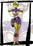  artist_name bag boots breasts cheelai dragon_ball dragon_ball_super dragon_ball_super_broly full_body gloves green_skin grin headphones highres kukuruyo medium_breasts pointing pointing_at_self purple_eyes scouter short_hair skin_tight smile solo teeth thigh_gap visor watermark web_address white_hair zoom_layer 