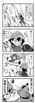  1girl 4koma absurdres acerola_(pokemon) backpack bag baseball_cap capri_pants closed_eyes comic commentary_request elite_four from_behind gen_1_pokemon gen_5_pokemon gen_7_pokemon genesect greyscale grin hat highres kingin mimikyu monochrome open_mouth pants pikachu pokemon pokemon_(anime) pokemon_(creature) pokemon_sm_(anime) satoshi_(pokemon) short_hair short_sleeves smile translation_request trial_captain 