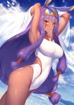  animal_ears armpits arms_up beach blue_sky blush breasts contrapposto covered_navel cowboy_shot dark_skin day dutch_angle earrings eyebrows_visible_through_hair facial_mark fate/grand_order fate_(series) hairband highres hoop_earrings impossible_clothes impossible_swimsuit jewelry large_breasts long_hair looking_at_viewer low-tied_long_hair m-da_s-tarou medjed necklace nitocris_(fate/grand_order) nitocris_(swimsuit_assassin)_(fate) non-web_source one-piece_swimsuit outdoors purple_eyes purple_hair sidelocks sky smile solo standing sweat swimsuit very_long_hair white_swimsuit 