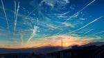  banishment blue_sky cloud cloudy_sky commentary_request condensation_trail highres house no_humans original outdoors power_lines scenery signature sky summer sunset transmission_tower 