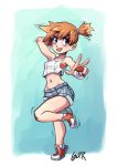  1girl blush breasts curvy female full_body gerph heart hetero kasumi_(pokemon) nintendo open_mouth orange_hair pokemon pokemon_(game) pokemon_lgpe ponytail pose rolling_eyes shiny shiny_skin shoes short_ponytail shorts smile v 