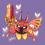  bug butterfly butterfly_wings commentary_request holding holding_sword holding_weapon horns insect katty1996215 kirby:_star_allies kirby_(series) morpho_knight no_humans shoulder_pads signature simple_background solo spoilers sword weapon white_eyes wings 