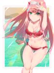  beach bikini breasts cleavage darling_in_the_franxx feet_out_of_frame green_eyes hairband highres light_rays long_hair medium_breasts oni_horns pink_hair red_bikini red_horns shading_eyes side-tie_bikini sitting solo sunbeam sunlight swimsuit thigh_gap waterring white_hairband zero_two_(darling_in_the_franxx) 