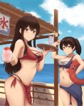  akagi_(azur_lane) akagi_(azur_lane)_(cosplay) akagi_(kantai_collection) azur_lane beach black_bikini_bottom blue_bikini_top blue_sarong blue_sky breasts brown_eyes brown_hair cleavage cloud collarbone cosplay cowboy_shot day drink enemy_lifebuoy_(kantai_collection) eyewear_on_head highres k_jie kaga_(azur_lane) kaga_(azur_lane)_(cosplay) kaga_(kantai_collection) kantai_collection kickboard long_hair looking_at_viewer medium_breasts multiple_girls namesake navel outdoors parted_lips red_bikini_top red_sarong sarong shaved_ice shibafu_(glock23)_(style) sky standing sunglasses tray white_bikini_bottom 