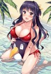  bare_legs beach bikini black_hair blush breasts cleavage collarbone commentary_request day doll fang hair_ribbon kantai_collection kusano_(torisukerabasu) large_breasts long_hair multicolored_hair naganami_(kantai_collection) o-ring o-ring_bikini o-ring_top open_mouth palm_leaf partially_submerged pink_hair red_bikini ribbon sitting smile solo swimsuit two-tone_hair wariza water wavy_hair 