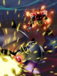  bat_wings battle bayonetknight bug butterfly butterfly_wings commentary_request dark flower galaxia_(sword) hidden_eyes horns insect kirby:_star_allies kirby_(series) mask meta_knight morpho_knight multiple_boys no_humans sparks spoilers sword weapon white_eyes wings 