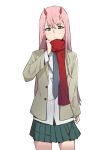  blazer cowboy_shot darling_in_the_franxx dress_shirt eyebrows_visible_through_hair green_eyes grey_jacket grey_neckwear hair_between_eyes horns jacket long_hair looking_at_viewer miniskirt necktie open_blazer open_clothes open_jacket p220_31495 pink_hair pleated_skirt red_scarf scarf school_uniform shirt simple_background skirt solo standing very_long_hair white_background white_shirt zero_two_(darling_in_the_franxx) 