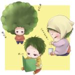  afro book child closed_eyes cup food fruit gakuen_babysitters green_hair highres kashima_kotarou lemon male_focus multiple_views nana_(phantom7742) open_book purple_eyes reading red_shirt shirt simple_background sitting squeezing standing yellow_background 