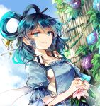  belt blue_dress blue_eyes blue_flower blue_hair blue_sky breasts collarbone day dress drill_hair drill_locks dutch_angle eyebrows_visible_through_hair flower hair_between_eyes hair_ornament hair_rings hair_stick kaku_seiga kutsuki_kai leaf looking_at_viewer medium_breasts outdoors own_hands_together pink_flower puffy_short_sleeves puffy_sleeves purple_flower shawl short_hair short_sleeves sky smile solo touhou twin_drills upper_body vest white_vest wing_collar 