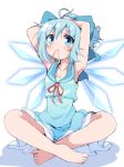  absurdres adapted_costume arms_up barefoot blue_bow blue_eyes blue_hair bow cirno collarbone crossed_legs do_(4-rt) dress eyebrows_visible_through_hair eyes_visible_through_hair full_body hair_bow hair_tie_in_mouth highres ice ice_wings looking_at_viewer mouth_hold sailor_dress short_hair simple_background sitting sleeveless sleeveless_dress solo touhou white_background wings 