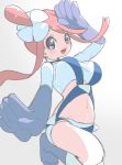  ass bangs blue_gloves blush breasts brown_hair chorimokki commentary_request fuuro_(pokemon) gloves hand_on_head large_breasts looking_at_viewer midriff navel open_clothes open_mouth pokemon pokemon_(game) pokemon_bw simple_background smile solo white_background 