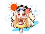  :d bangs bare_arms bare_shoulders barefoot bikini blonde_hair blue-framed_eyewear blush bow chibi cloud commentary_request earrings ereshkigal_(fate/grand_order) eyewear_on_head fate/grand_order fate_(series) flower hair_bow hair_flower hair_ornament highres infinity innertube jako_(jakoo21) jewelry long_hair open_mouth parted_bangs pink_flower polka_dot_innertube red_bikini red_bow red_eyes simple_background smile solo standing sun_(symbol) sunglasses swimsuit tiara two_side_up unmoving_pattern v-shaped_eyebrows very_long_hair white_background yellow_innertube 