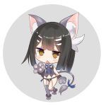  :&lt; animal_ears bangs bare_shoulders bell black_hair black_panties blue_ribbon brown_eyes chibi commentary eyebrows_visible_through_hair fate/kaleid_liner_prisma_illya fate_(series) garter_straps gloves grey_background grey_legwear hair_ornament hairclip head_tilt highres jingle_bell looking_at_viewer miyu_edelfelt natsu_(sinker8c) panties parted_lips paw_gloves paw_shoes paws ribbon shoes solo standing standing_on_one_leg tail tail_ribbon thighhighs triangle_mouth two-tone_background underwear white_background 