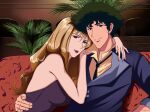  1boy 1girl absurdres arm_around_back arm_around_neck bare_arms blonde_hair blue_eyes blue_jacket closed_mouth collared_shirt couch couple cowboy_bebop dress green_hair hair_between_eyes hetero highres indoors jacket julia_(cowboy_bebop) long_hair looking_at_viewer lucyguusi necktie purple_dress red_lips shirt short_hair sleeveless sleeveless_dress smile spike_spiegel wavy_hair yellow_shirt 