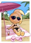  2018 3_toes 4_fingers anthro barefoot beach bonita_(gaturo) clothing digital_media_(artwork) eyewear female flat_chested fur gaturo hi_res lagomorph mammal pose rabbit seaside smile solo sunbathing sunglasses swimsuit toes umbrella yellow_fur 