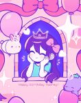  1girl balloon blue_shirt blush bow character_name closed_eyes closed_mouth colored_skin forest_bunny_(omori) hair_bow hands_on_own_cheeks hands_on_own_face happy_birthday highres long_hair mewowem_omo mr._plantegg_(omori) omori pink_bow purple_hair shirt short_sleeves smile solo t-shirt white_skin 