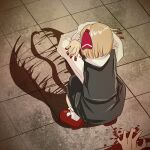  1girl arms_up black_vest blonde_hair blood bow cat_shadow_puppet_(meme) crossed_arms different_shadow double_w dress facing_away from_behind hair_bow hair_ribbon implied_murder long_sleeves meme middle_w monster red_ribbon ribbon rumia shadow shadow_puppet shirt shoes short_hair shounen_(hogehoge) skirt squatting touhou vest w white_shirt 