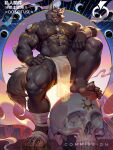 5_toes anthro areola balls biceps black_nose bone bottomwear brown_body claws clothing digital_media_(artwork) eyebrows fangs feet fingers genitals hand_on_leg hand_on_thigh hi_res humanoid_feet loincloth looking_at_viewer male muscular muscular_anthro muscular_male navel nipples plantigrade shan_yao_jun skull solo tail teeth toes tongue tongue_out tow_claws translucent translucent_clothing vein veiny_muscles