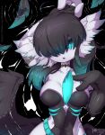  1girl afloat alternate_color alternate_shiny_pokemon arm_up armlet asymmetrical_gloves black_background black_choker black_gloves black_hair black_leotard black_wings blue_eyes blue_feathers blue_hair breasts bright_pupils choker collarbone commentary elbow_gloves english_commentary feathered_wings feathers fingerless_gloves from_above gardevoir gloves glowing glowing_eyes gradient_hair hair_over_one_eye hand_on_own_chest hand_up highres jewelry leotard long_hair looking_at_viewer low_wings lying medium_breasts multicolored_hair on_back one_eye_covered open_mouth pokemon pokemon_(creature) purple_trim rilex_lenov ripples sidelocks solo strapless strapless_leotard two-tone_hair uneven_gloves white_pupils wings 