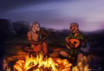  2018 5_fingers anthro campfire clothed clothing duo ferret fire lukiri lute male mammal musical_instrument mustelid open_mouth otter outside smile teeth tongue violin 