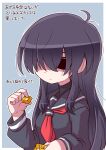  1girl black_eyes black_hair black_sailor_collar black_serafuku black_shirt blue_background border candy candy_wrapper food hair_over_eyes highres holding holding_candy holding_food ikkyuu long_sleeves neckerchief original outside_border red_neckerchief sailor_collar school_uniform serafuku shirt simple_background solo translation_request white_border 