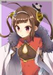  ahoge anchor_hair_ornament animal animal_on_head azur_lane bangs breasts brown_hair china_dress chinese_clothes diagonal_bangs dress eyebrows_visible_through_hair fur-trimmed_jacket fur_trim hair_ornament hairband hairpods highres jacket jacket_on_shoulders long_hair nayuhi_(yukimuu14) on_head panda panda_on_head ping_hai_(azur_lane) purple_background red_dress red_eyes signature small_breasts solo twintails upper_body white_hairband white_jacket 